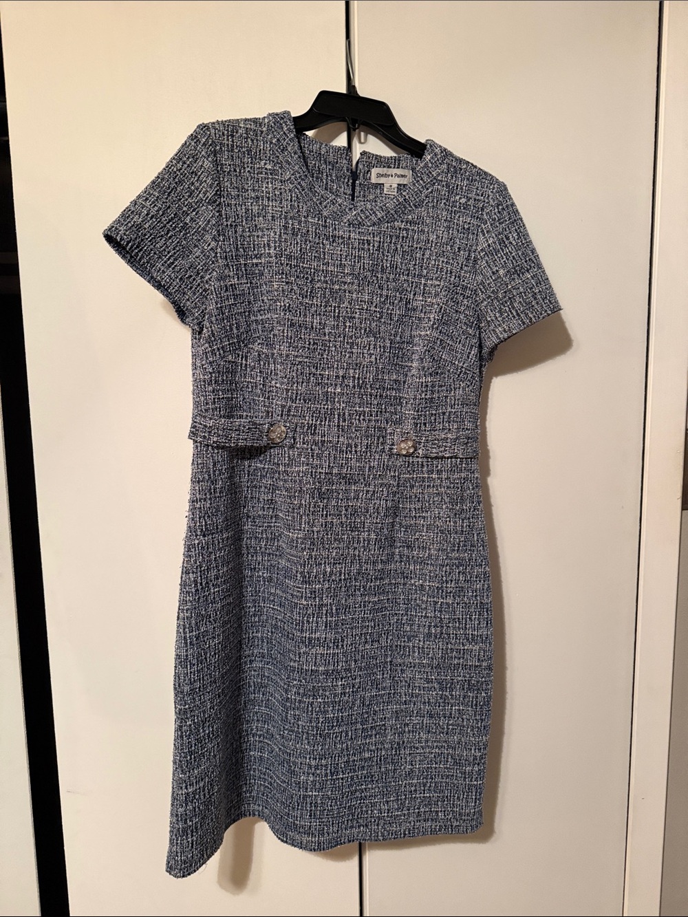 Shelby & Palmer Blue and White Tweed Short-Sleeve Midi Dress